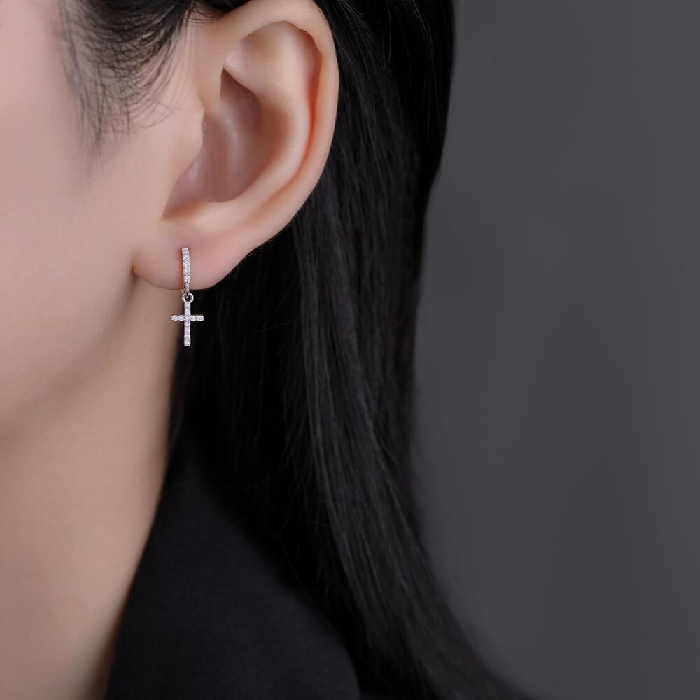 Solid 925 Sterling Silver Cross Hoop Earrings For… - image 2
